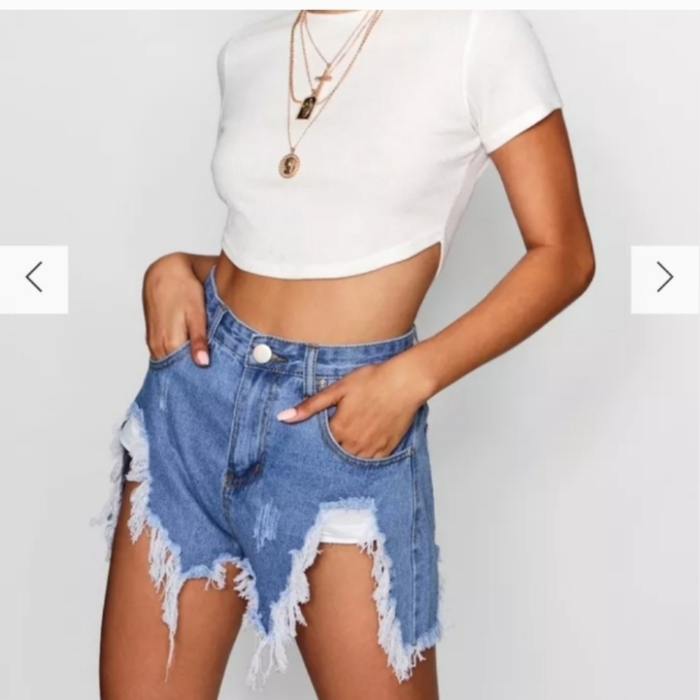 Boohoo Blue‎ Leah Extreme Bum Rip Festival Beach Vacation Shorts Sz 12